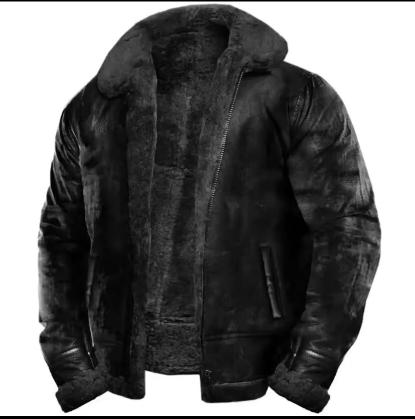 Veste en cuir noir fourrure gris et gris foncé