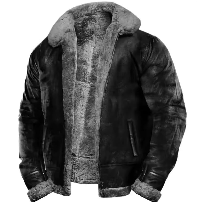 Veste en cuir noir fourrure gris et gris foncé