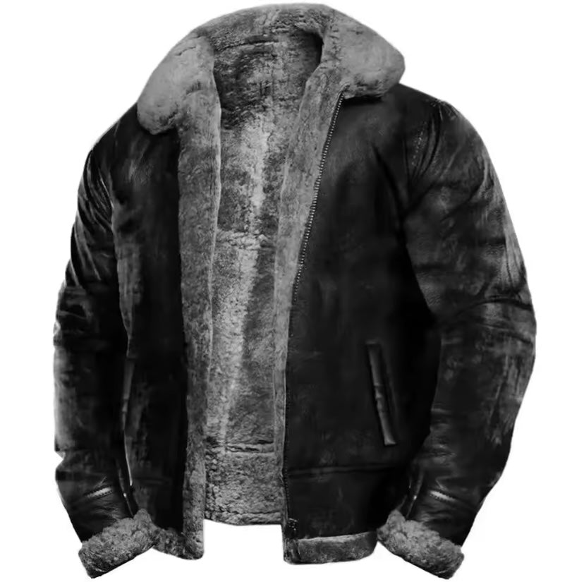 Veste en cuir noir fourrure gris et gris foncé