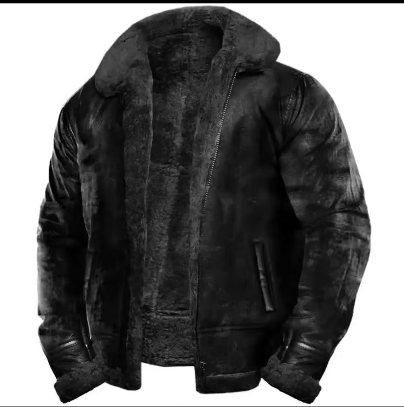 Veste en cuir noir fourrure gris et gris foncé